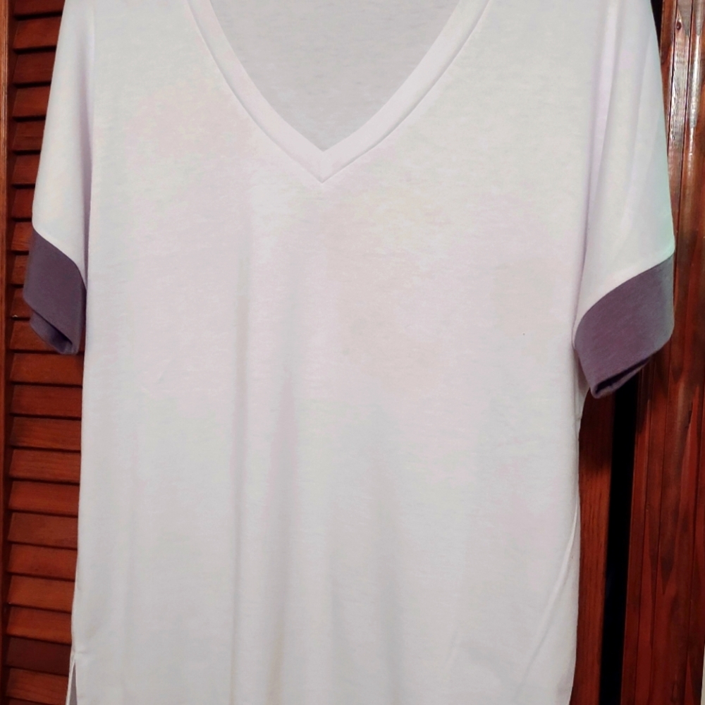 Women's white blouse with gray sleeves